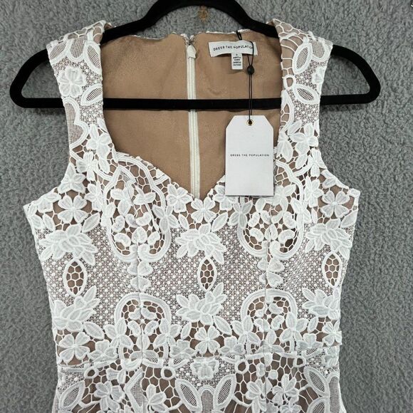 NWT Dress the Population Jayleen Lace Sheath Midi Dress in Off White Size Small - Picture 2 of 14